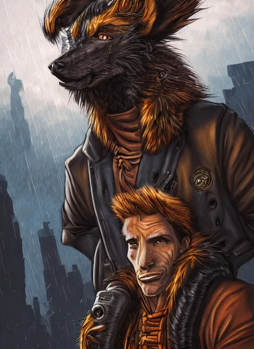 Image similar to aesthetic portrait commission of a of a male fully furry anthro ( pack mule ) with a tail and a beautiful attractive hyperdetailed face wearing wearing a outfit in a sci - fi dystopian city at golden hour while it storms in the background. character design by dayer, diego 5, detailed, inked, western comic book art, award winning film poster painting