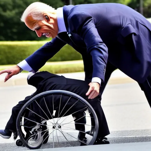 Image similar to joe biden falling off his wheelchair faceplanting on the ground, award winning photo