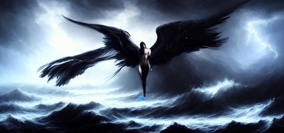 Image similar to 8 k art photography shot art shot, hyperrealistic, hyperdetailed, super detailed, uhd, uhd, 8 k, high resolution, a fallen angel in black fluid simulation, painting by ross tran and ivan aivazovsky, black water