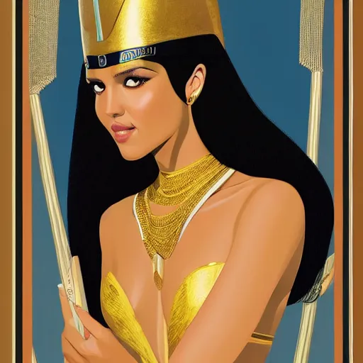 Image similar to Jessica alba as Cleopatra, Queen of the Nile, fresh from a purity bath filled with her servants, with perfect skin, radiant complexion, in only a light silk robe and adorned with Egyptian gold, highly detailed, digital painting, artstation, concept art, smooth, sharp focus, illustration, art by Alberto Vargas in the style of Patrick Nagel