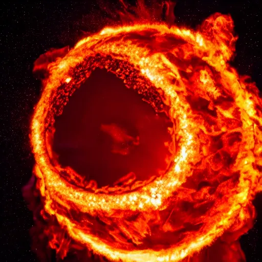 Image similar to red hot burning sphere embedded in fireball explosion with fire, 4 k