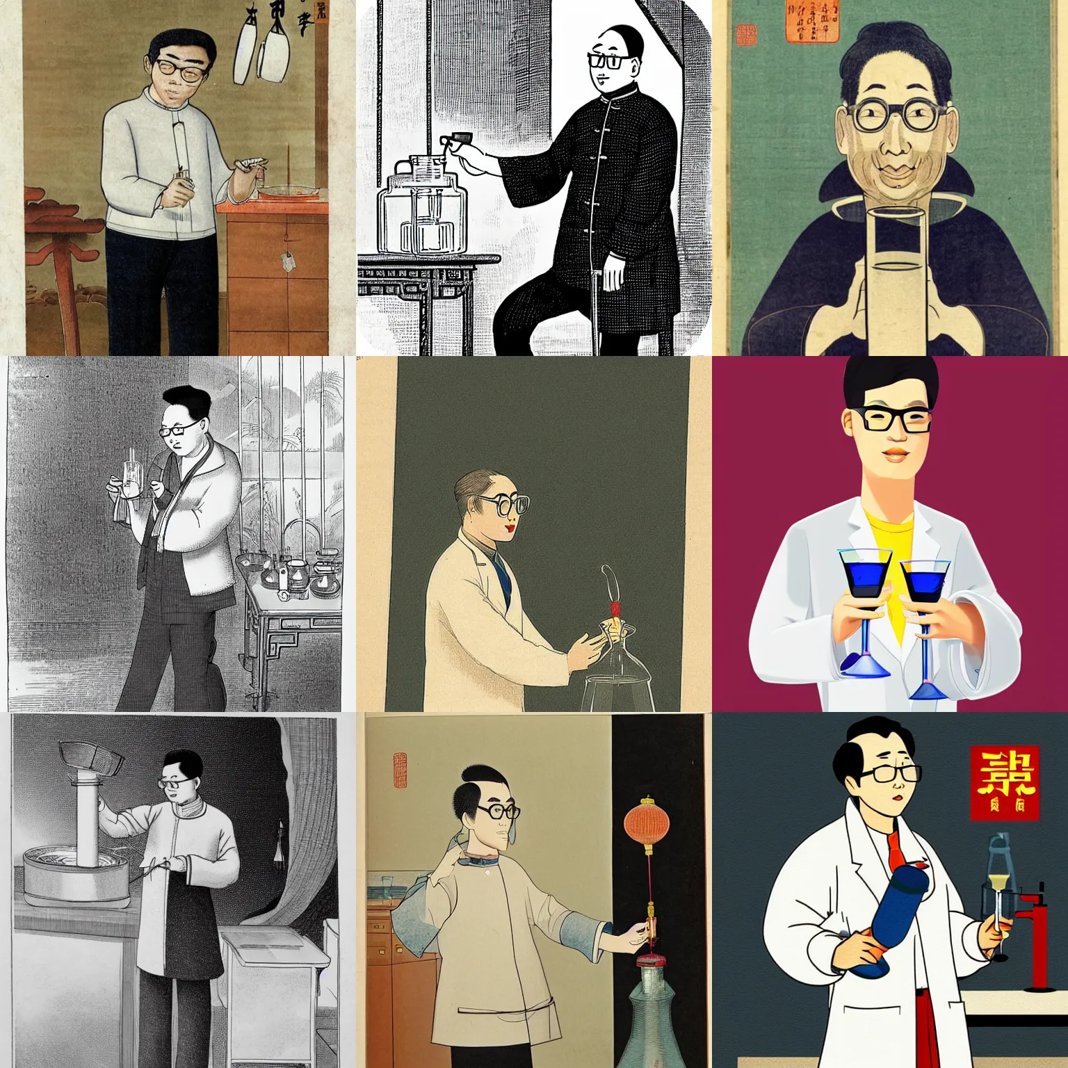 Prompt: chinese male with glasses wearing a white lab coat and holding a glass dispensing funnel, full body, storybook illustration