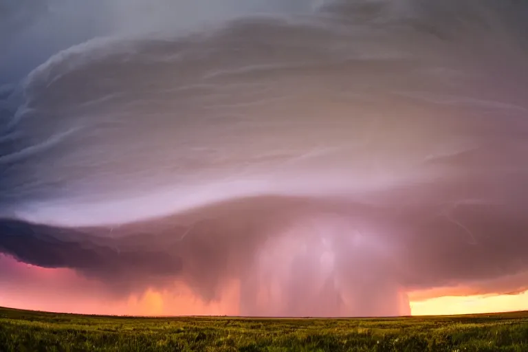 Image similar to a photo of a supercell thunderstorm, illuminated from various angles by the setting sun, cinematic