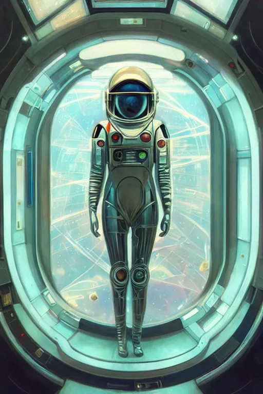 Image similar to portrait armored astronaut girl, inside spaceship command room viewing space and earth, ssci-fi, neon light effect and fantasy, intricate and very very beautiful and elegant, highly detailed, digital painting, artstation, concept art, smooth and sharp focus, illustration, art by tian zi and WLOP and alphonse mucha