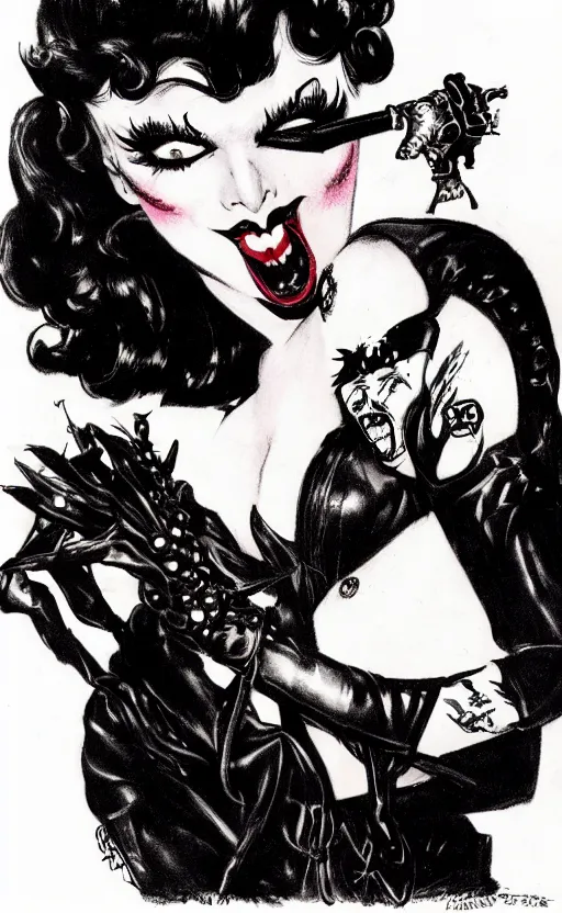 Image similar to of a goth girl burlesque psychobilly, rockabilly, punk, black hair, detailed face, white background, drawing, zoomed out, full body, illustration by frank frazetta