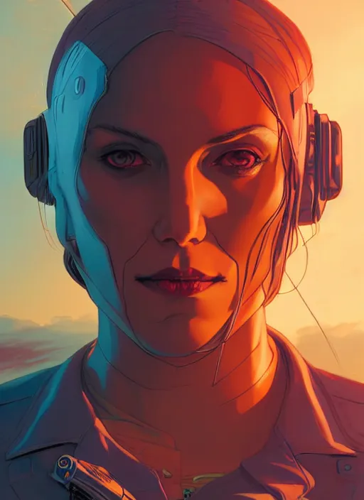 Image similar to Rafeal Albuquerque comic art, Joshua Middleton comic art, cinematics lighting, sunset colors, pretty female cyberpunk space pirate, big smirk, symmetrical face, symmetrical eyes,full body, in a field, sunset