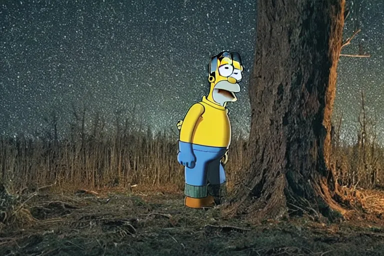 Prompt: A still of Homer Simpson in The Blair Witch Project, 8k, real photo, night scene, terrible