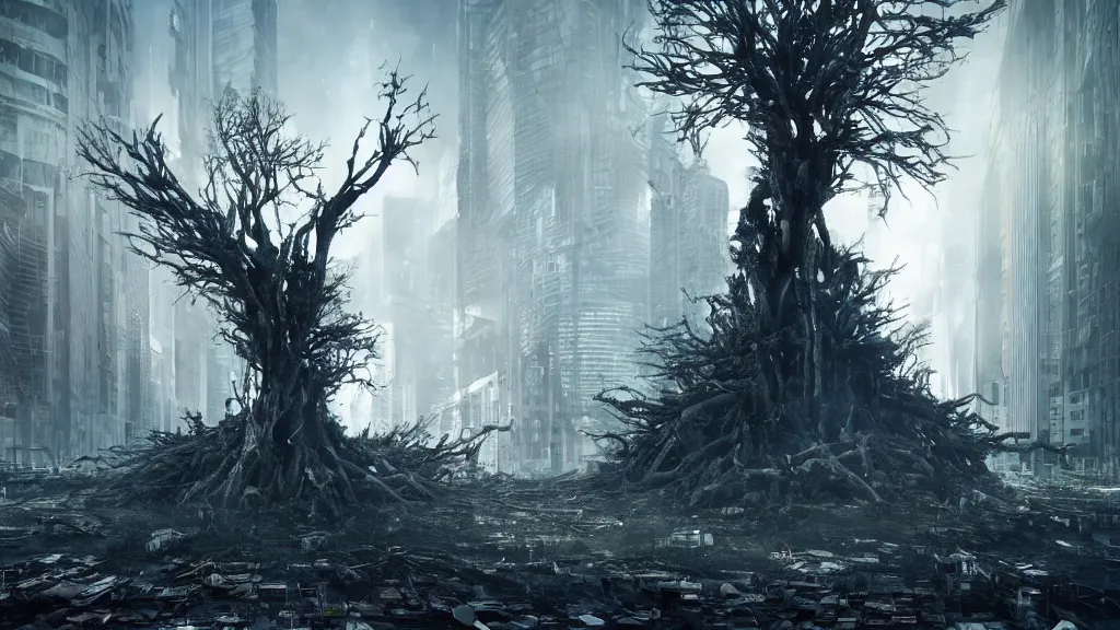 Image similar to a terrifying tree destroying a dystopian city, cyberpunk, sharp focus, dynamic lights, still, photograph, hyper realistic, masterpiece, octane render, rendered, 3 d, cinematic, cinematic lighting, dramatic lighting, highly detailed, intricate details, texture, cinematic composition, wide shot, by donglu yu and kevin jick and eddie del rio