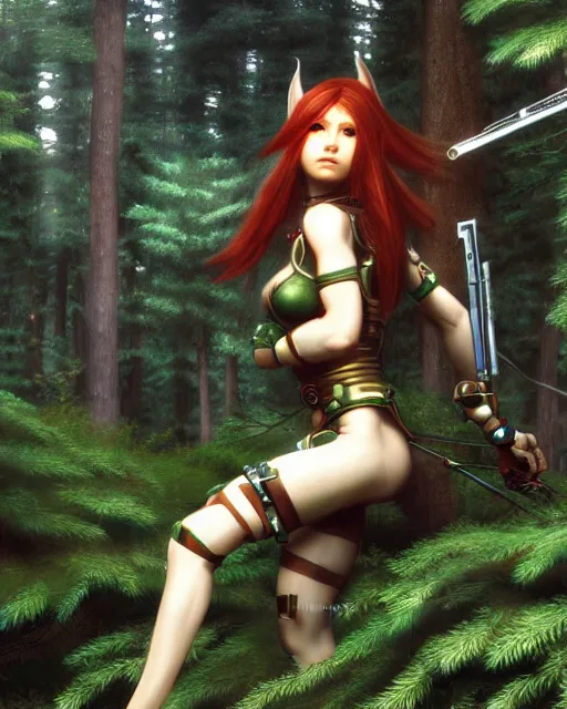 Prompt: cyborg-elf-girl in pine forest by Waterhouse, final fantasy, ultra detailed , high quality, 4k 8k hd