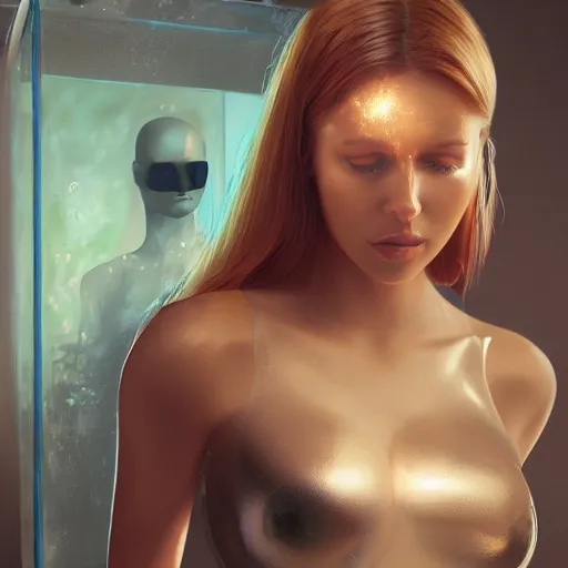 Prompt: a extremely realistic digital image of a stunning woman imprisoned in a four-dimensional glass box, with extremely realistic robots watching over her by Andrea Chiampo, artstation and Frederik Heyman, extremely detailed woman, stunning volumetric lighting, full body shot, hyper realism, fantasy 4k