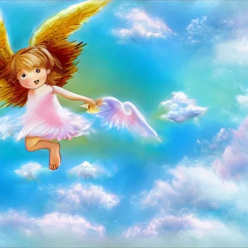 Image similar to bright blu sky. fluffy clouds. angels with big wings wake - up