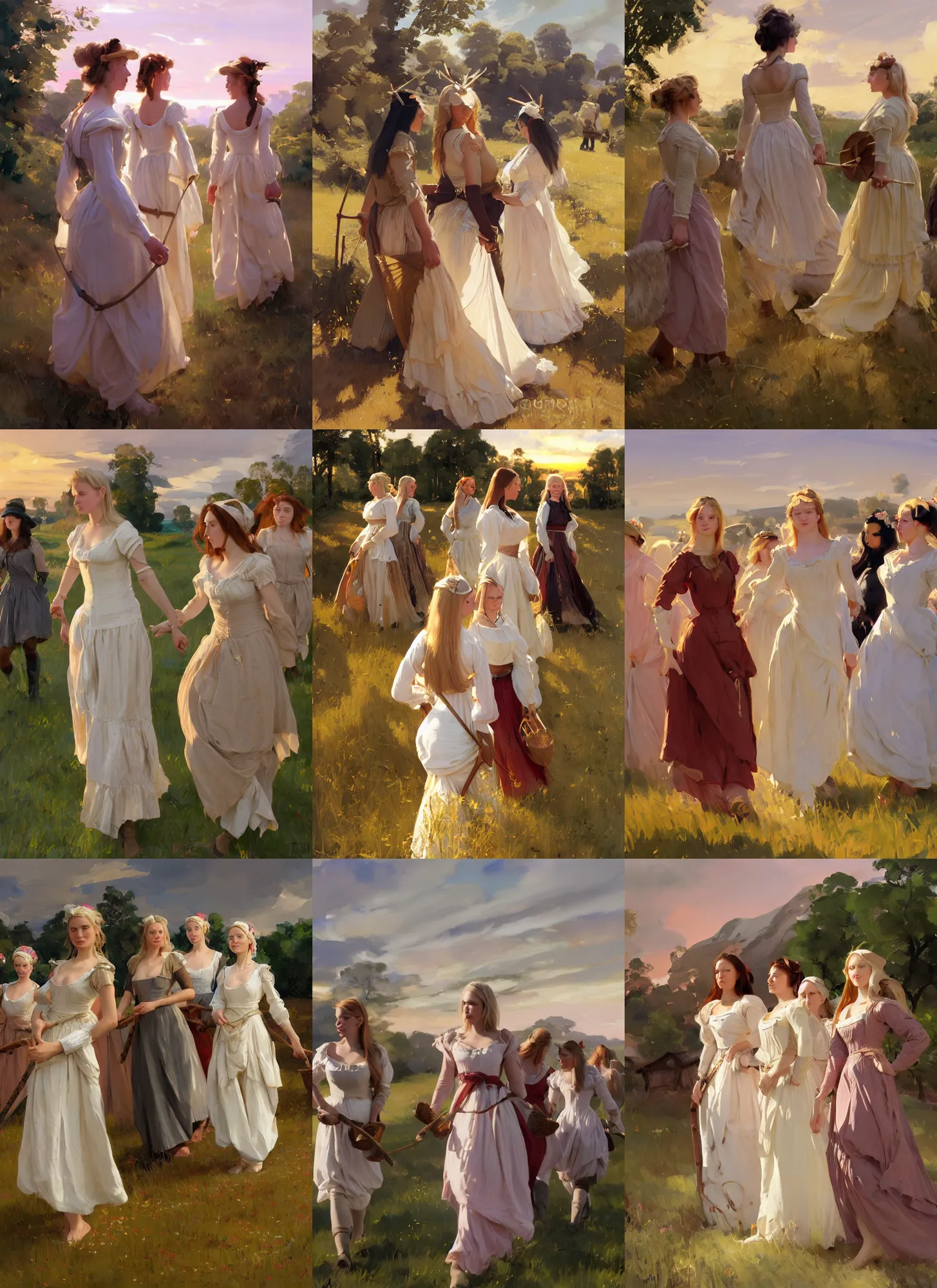 Prompt: group of beautiful finnish norwegian swedish scandinavian attractive glamour models wearing as village maidens in 1 7 th century bodice with low neckline walking in the field at sunset, jodhpurs greg manchess painting by sargent and leyendecker, studio ghibli fantasy medium shot asymmetrical intricate elegant matte painting illustration hearthstone, by greg rutkowski by greg tocchini by james gilleard