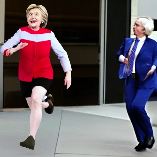 Image similar to large hillary clinton chasing after envelopes running away in fear, cctv footage