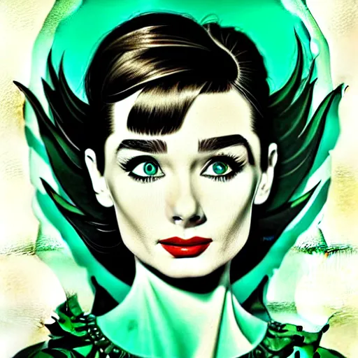 Prompt: in the style of joshua middleton, beautiful audrey hepburn, aquapunk, bioshock, full body green dress, elegant pose, spooky, symmetrical face symmetrical eyes, three point lighting, detailed realistic eyes, insanely detailed and intricate elegant, artgerm, underwater home