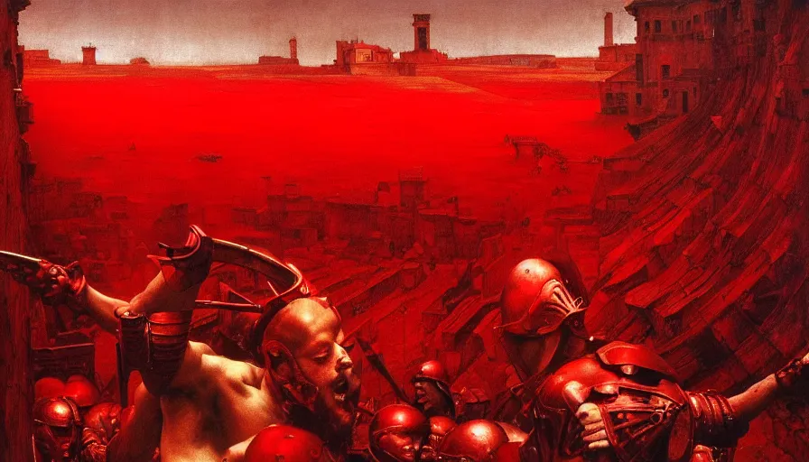 Image similar to only with red, a lightly armored gladiator in a crowded roman amphitheatre, crowd cheering, in the style of beksinski and edward hopper and rodcenko and yue minjun and artgerm, intricate and epic composition, red by caravaggio, highly detailed, masterpiece, red light, artstation