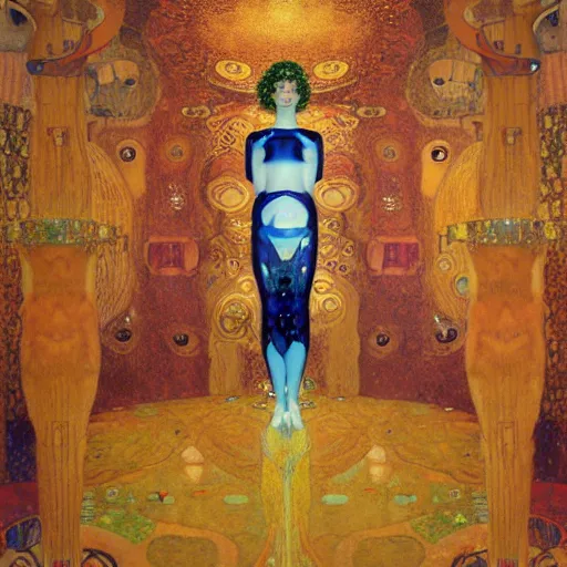 Prompt: portrait of a surreal goddess floating in front of a futuristic ancient Atlantis, painting by Gustav Klimt and Greg Rutkowski