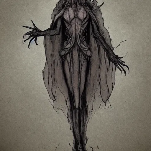 Prompt: concept designs for an ethereal wraith like figure with a squid for a head that has latched onto a human host and wearing a cloak like a bat that floats around collecting vials and jars for unknown reasons like a crow would and that hides amongst the shadows for the resident evil game franchise with inspiration from the franchise Bloodborne and the mind flayer from stranger things on netflix