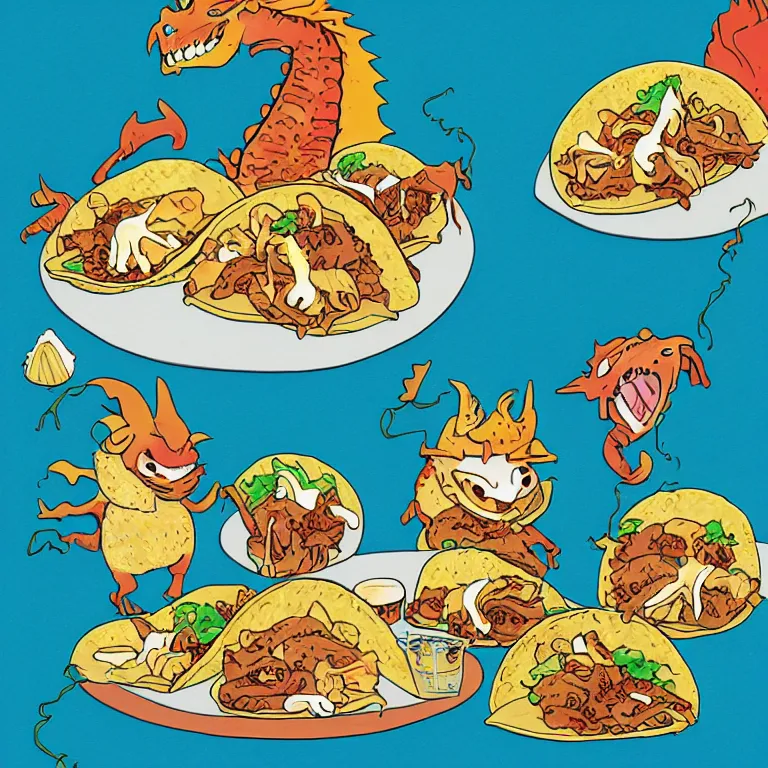 Image similar to dragons eating tacos, childrens book illustration