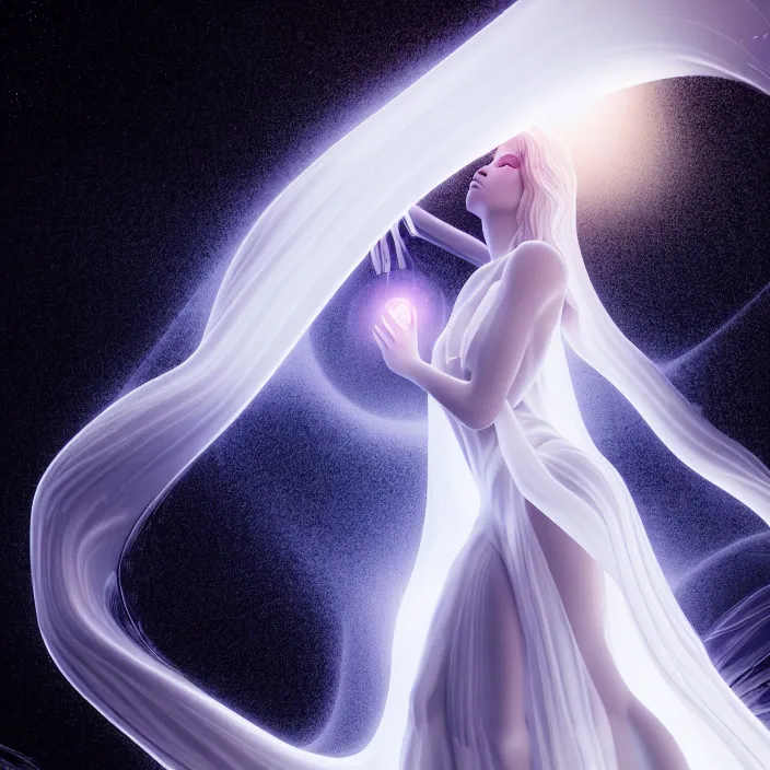 Image similar to a beautiful female goddess, in a flowing white translucent gown, entwined by light frequencies and wiring, octane render, floating in the universe, surrounded by stars and black holes, darkly surreal, light shining through, hyper - realistic, highly detailed, sharp focus, smooth, intricate