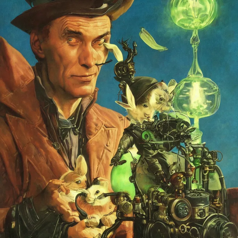 Prompt: a close - up portrait painting of a bright alien wizard magician holding a steampunk rabbit. deep green curtains in a gloomy dark background. highly detailed science - fiction painting by norman rockwell, moebius, frank frazetta, and syd mead. rich colors, high contrast. artstation