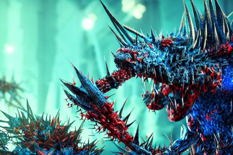 Image similar to a virus infects his host with spikes, macro, micro, nano tubes, molecular, blue and red colors, bokeh, hypermaximalistic, high details, cinematic, 8k resolution, beautiful detailed, insanely intricate details, artstation trending, octane render, unreal engine