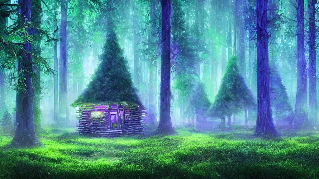 Prompt: portrait of an ethereal evergreen forest made of green and purple light with log cabin made of blue light, divine, cyberspace, mysterious, dark high-contrast concept art