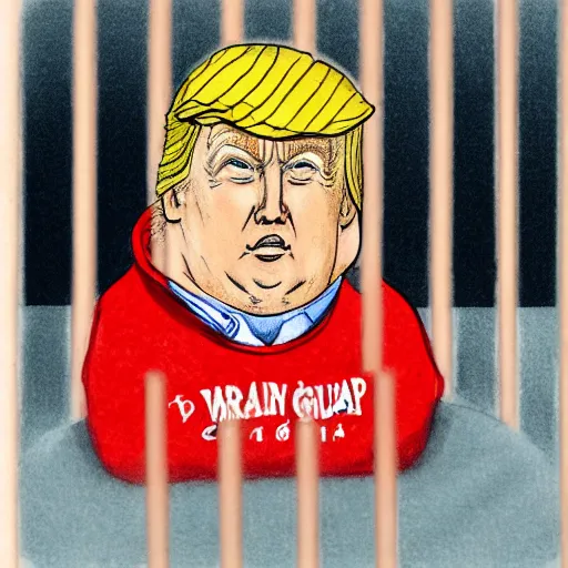 Image similar to a color ink drawing of donald trump with derp eyes being behind bars wearing a stripped pijama