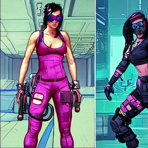 Prompt: Nikki. Apex legends cyberpunk fitness babe. Concept art by James Gurney and Mœbius.