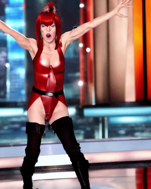 Prompt: mila jovovich as leeloo from the 5th element showing off her juggling skills on america's got talent, 4k tv still, cdx