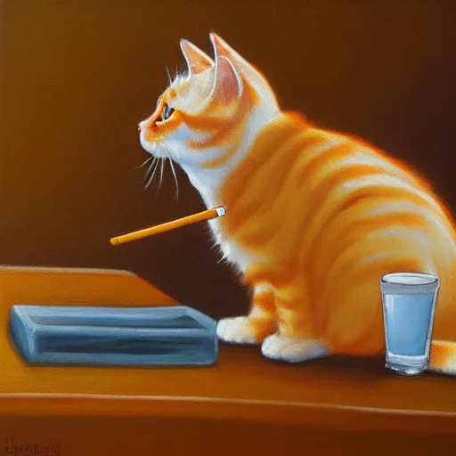 Prompt: oilpainting canvas of a sad orange white tabby cat drinking beer and smoking a cigarette at a bar, overthinking his mistakes he made in life