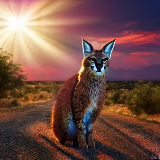 Image similar to a cute fluffy caracal in a sunset light landscape with historical route 6 6, lots of sparkling details and sun ray ’ s, blinding backlight, smoke, volumetric lighting, colorful, octane, 3 5 mm, beautiful epic colored reflections, very colorful heavenly, softlight