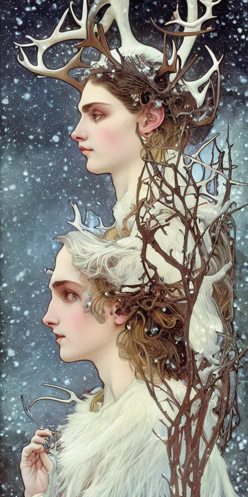 Prompt: soft pastel pagan snow god with antlers and intense black eyes with a skull in the snow by karol bak and alphonse mucha and chrisvan allsburg, portrait, fantasy, soft, light beams, pale, uhd, amazing depth, cinematic lighting, subtle white