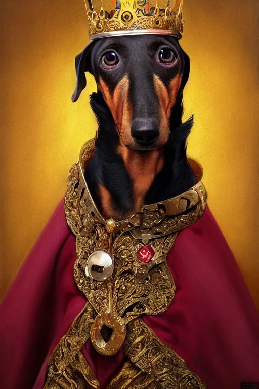 Prompt: an oil painting portrait of a dachshund wearing medieval royal robe and an ornate crown on a dark background, digital Art, concept Art, highly detailed, 3-D 4K, trending on art station, Award winning, Mark Brooks