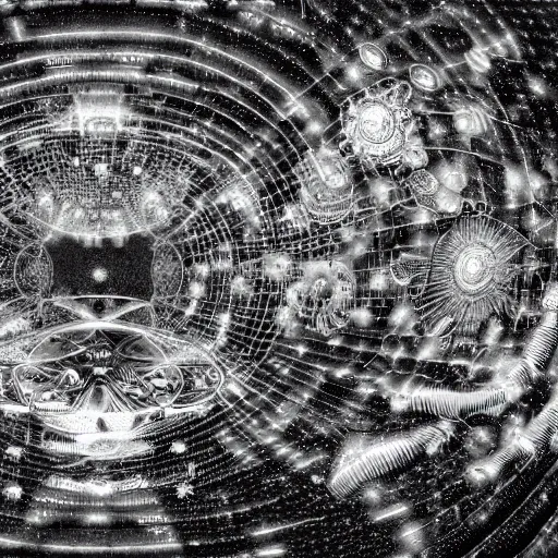 Image similar to a black and white drawing of a chrome space station filled with equipment, a microscopic photo by ernst haeckel, zbrush central, kinetic pointillism, bioluminescence, intricate patterns, photoillustration