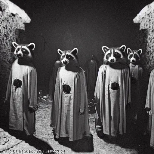 Prompt: 1 9 7 0's award winning sci - fi movie, a group of raccoons wearing dark cult robes look towards the camera in surprise and anger as they perform a dark occult evil ceremony inside the secret lair of an underground mystery cult, dramatic candlelight, pentagrams, ultra - detailed, photorealistic, 4 k