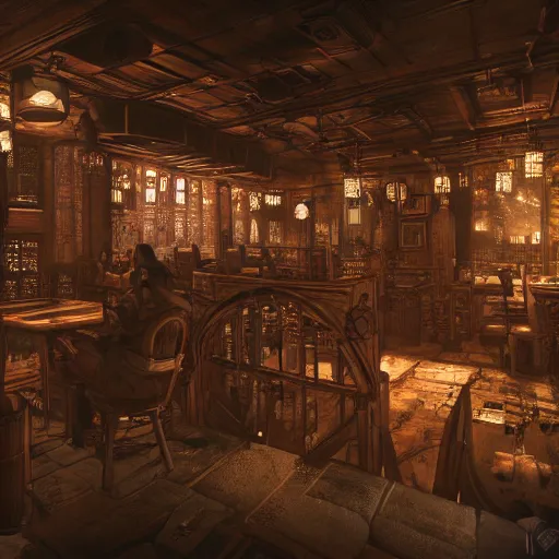 Image similar to Interior Concept design Tavern in Mixed style of Medieval and in style of Cyberpunk, Many details by Hiromasa Ogura. More cyberpunk less Medieval. Panorama 360 degrees Rendered in unreal engine 5, artstationHD, 4k, 8k, 3d render, 3d Houdini, cinema 4d, octane RTX volumetric natural light