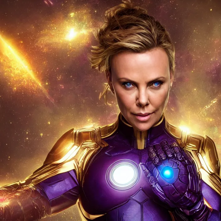 Image similar to (((The Infinity Gauntlet))), Charlize Theron, intricate artwork. octane render, trending on artstation, very coherent symmetrical artwork. avengers. thanos. cinematic, hyper realism, high detail, octane render, 8k, iridescent accents