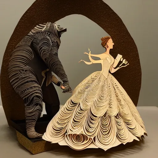 Prompt: a cut paper sculpture of beauty and the beast