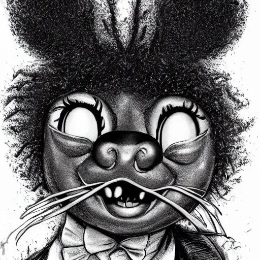 Prompt: A extremely highly detailed majestic hi-res beautiful, highly detailed head and shoulders portrait of a scary creepy black cartoon clown cat in eraserhead with scary big eyes, in the style of Walt Disney animation