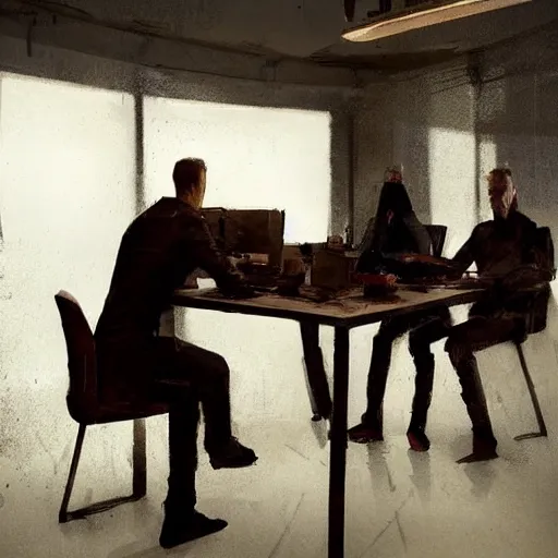Image similar to concept art by greg rutkowski, a very tall, slender man sitting with a group of people using a desk as a makeshift dining table, inside a futuristic police station converted as a shelter, low lighting, depressing atmosphere, scifi, digital painting, artstation, concept art, smooth, sharp foccus ilustration, artstation hq