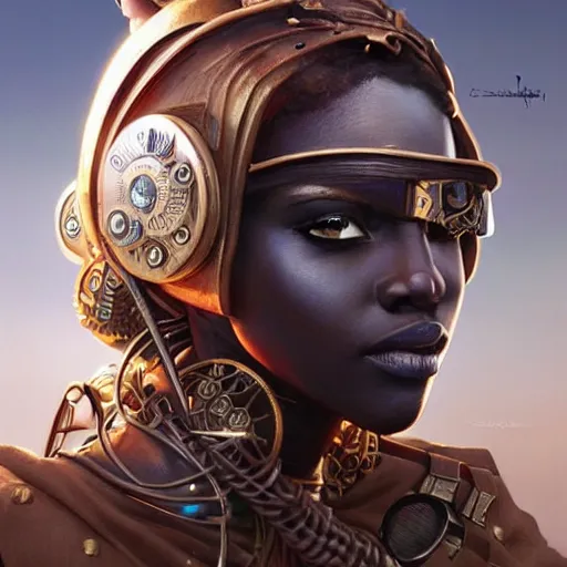 Image similar to african steampunk bandit, science fiction, highly detailed, digital painting, beautiful eyes, symmetry, concept art, sharp focus, illustration, global illumination, radiant light, detailed and intricate environment, art by artgerm and greg rutkowski and magali villeneuve and ilya kuvshinov!