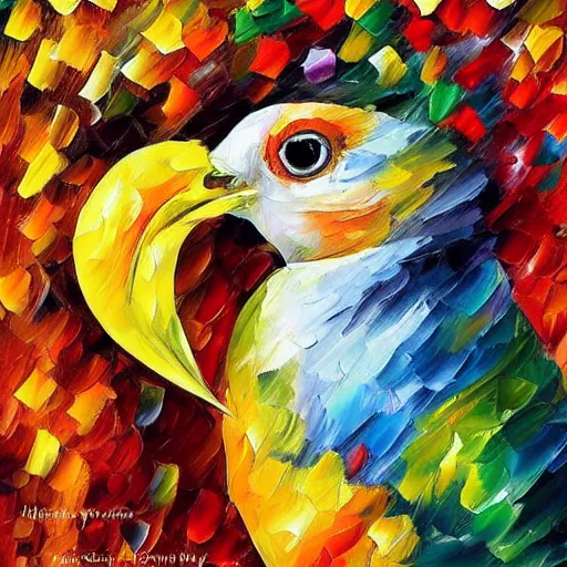 Image similar to an elegant yellow bird wearing a crown and a red bow tie in the style of leonid afremov, very very beautiful, impressionism, high quality, detailed, 4k