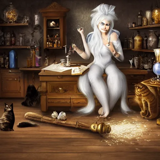 Image similar to a full body beautifull witch with white hair in an old room. A cristal ball on a wood table with a potions and old instruments. A cat on the floor licking his paw. in a fantasy style paiting