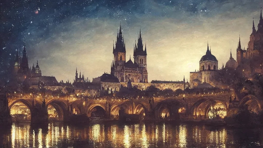 Image similar to a beautiful painting of a view from the river of a arabian prague cathedral palaces, at night with a sky full of stars, intricate, elegant, highly detailed, digital painting, artstation, concept art, by krenz cushart and artem demura and john williams waterhouse