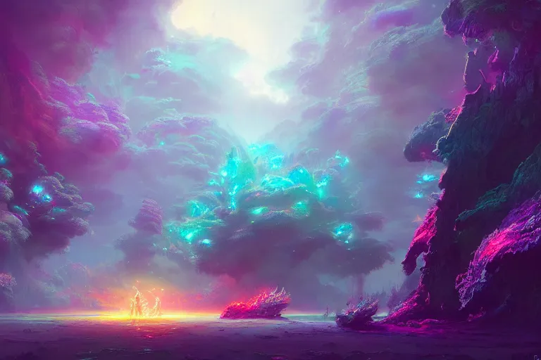 Image similar to a psychedelic realm at the edge of the known universe, astral beings sharing love, in the style of greg rutkowski and wlop and lisa frank and bob ross and ruan jia, illustration, epic, fantasy, hyper detailed, smooth, unreal engine, sharp focus, ray tracing