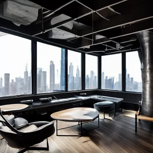 Image similar to feng zhu cyberpunk loft lounge with tall windows without people with city in background