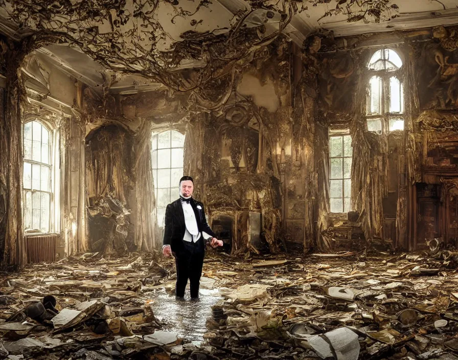 Prompt: a mutant powerlifter in a tuxedo stands in the flooded living room of a derelict English mansion, ornate, water, floating furniture, sunny outside, baroque, fireplace, adebanji alade, george goodwin kilburne