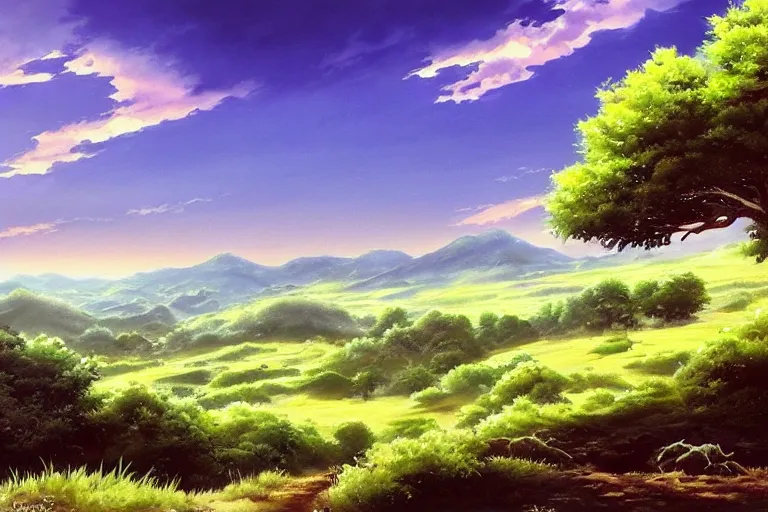 Prompt: Very beautiful painting by City Hunter anime backgrounds HD and Toei animation backgrounds, a beautiful landscape of the french countryside, nice lighting, soft and clear shadows, low contrast, perfect