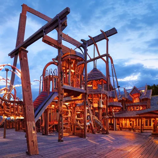 Prompt: enormous, never-ending wooden structure with slides, swings, and many-storied equipment at dusk by Thomas Kincade