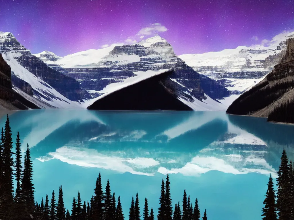 Prompt: a matte painting of Lake Louise in fall, moonlight, northern lights, highly detailed, artstation, HD wallpaper